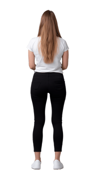 Back view of woman in black leggings and white top on transparent background png