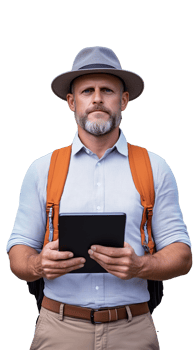 Man with fedora and backpack holding tablet on transparent background png