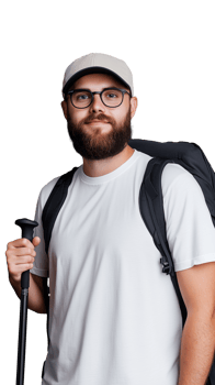 Young man with backpack and cap on transparent background png