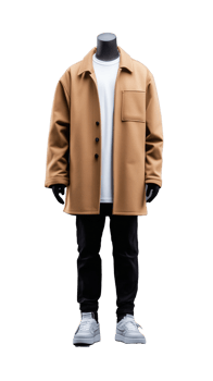 Brown coat with black pants and white sneakers on transparent background png