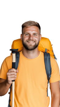 Smiling man with backpack and water bottle on transparent background png