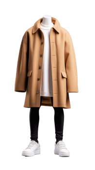 Hanging camel coat with black pants and white sneakers on transparent background png
