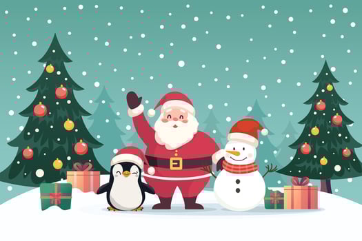 Santa claus with snowman and penguin in snow field with christmas trees vector