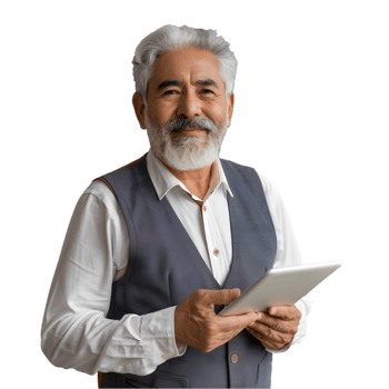An older man with a white beard and vest holding a tablet png