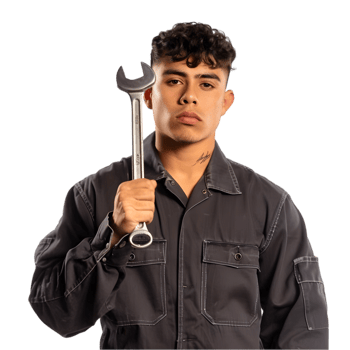 A young man in a work uniform holding a wrench png