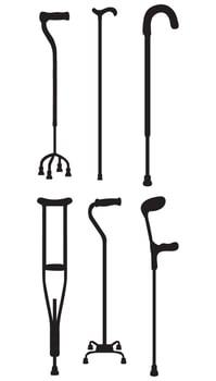 Set of Mobility Aids Walker, Crutches, Quad Cane, Forearm Crutches Icons vector