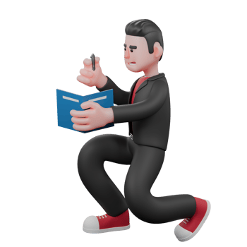 Choreographer in 3D Model. A male choreographer crouches holding a book and a pen in his hand with a happy expression. Animated Dance Artist png