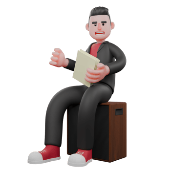 3D Dance Artist Choreographer. A male choreographer sits on a speaker holding a sheet of paper in his hand with a happy expression. Cartoon Design png