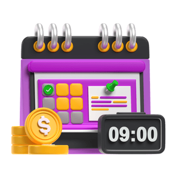 A purple calendar with coins and a clock png
