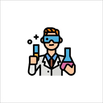 A man in a lab coat holding a flask and a test tube vector