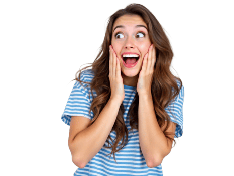 A woman is surprised and holding her hands to her face png