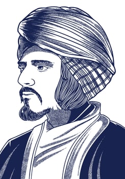 Ibn Khaldun 1332-1406 Hand Drawn Engraving Portrait. Founding Figure of Sociology and Historian. vector