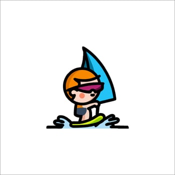 A cartoon boy on a windsurf board vector