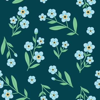 Seamless pattern with Forget me not Flower on dark background. Plant ornament for fabric, background, wallpaper. illustration. vector