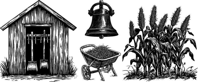 Vintage Sketch Set of Farm Tools Shed. Illustrated Wheelbarrow, Bell Corn Plants in a Field. vector