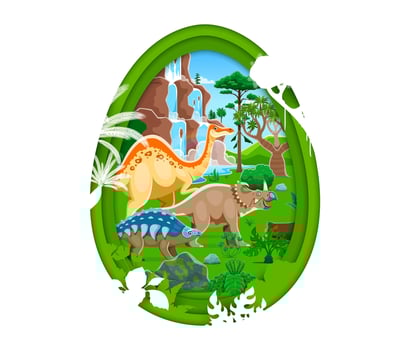 Paper cut dino egg with funny cartoon dinosaurs vector