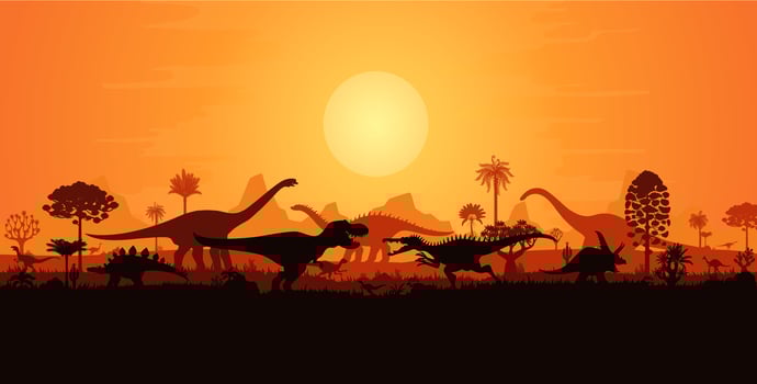 Giant dinosaurs fighting silhouettes in sunset vector