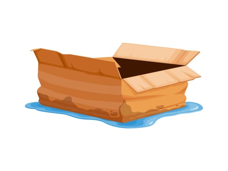Cartoon wet crushed damaged box, broken parcel vector