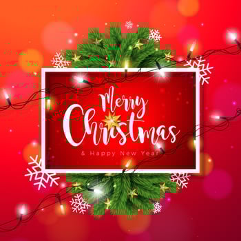 Merry Christmas and Happy New Year Illustration with Gold Glass Ball, Fir Branch and Lights Garland on Red Background. Holiday Season Banner Design for Greeting Card, Party Flyer, Celebration vector