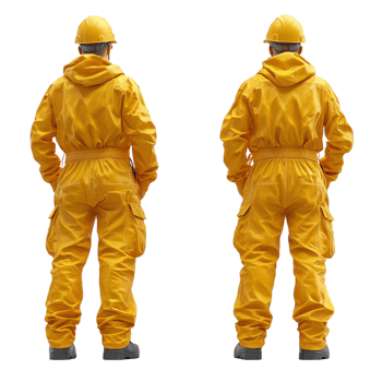 Two Men in Yellow Coveralls Standing Face-to-Face on Transparent Background png