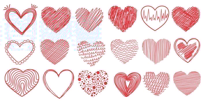 Red heart set. Collection of heart icon hand drawn for love logo, heart symbol, doodle icon, greeting card and Valentine's day. Painted grunge shape vector