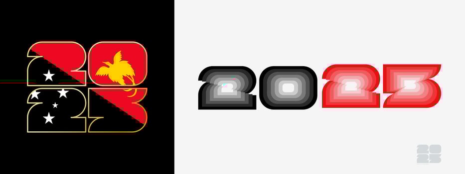 Year 2025 with flag of Papua New Guinea and in color palate of Papua New Guinea flag. Happy New Year 2025 in two different style. vector