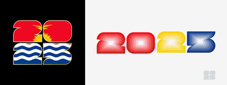 Year 2025 with flag of Kiribati and in color palate of Kiribati flag. Happy New Year 2025 in two different style. vector