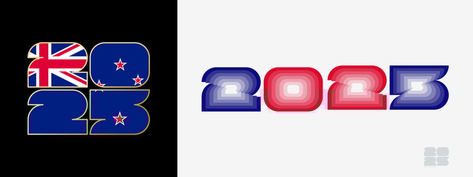 Year 2025 with flag of New Zealand and in color palate of New Zealand flag. Happy New Year 2025 in two different style. vector