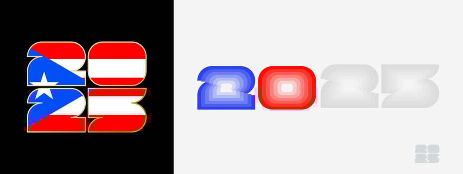 Year 2025 with flag of Puerto Rico and in color palate of Puerto Rico flag. Happy New Year 2025 in two different style. vector