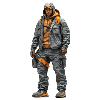 Man in Grey and Orange Suit with Backpack on Transparent Background png