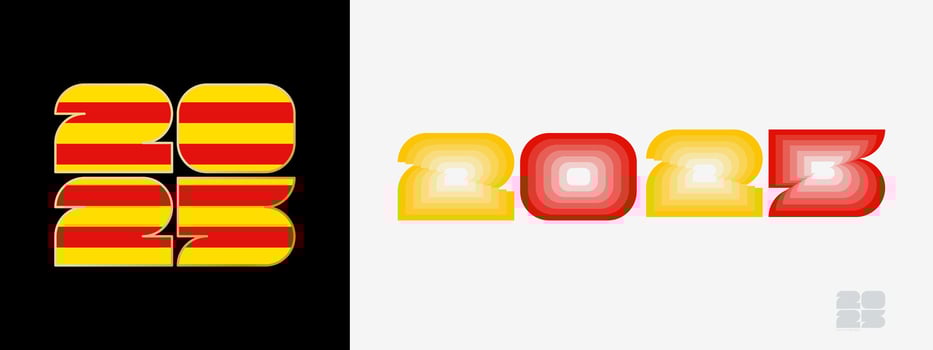 Year 2025 with flag of Catalonia and in color palate of Catalonia flag. Happy New Year 2025 in two different style. vector