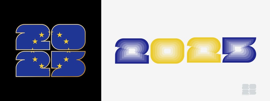 Year 2025 with flag of European Union and in color palate of European Union flag. Happy New Year 2025 in two different style. vector