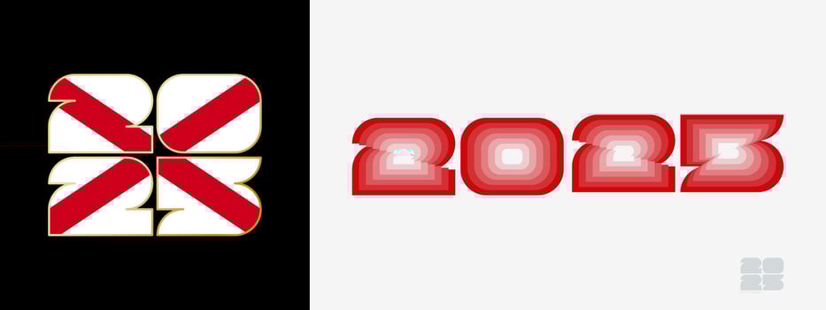 Year 2025 with flag of Alabama and in color palate of Alabama flag. Happy New Year 2025 in two different style. vector