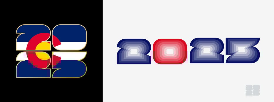 Year 2025 with flag of Colorado and in color palate of Colorado flag. Happy New Year 2025 in two different style. vector