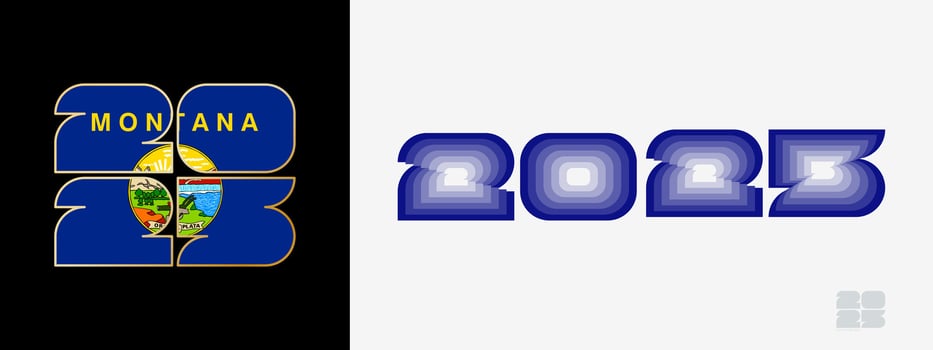 Year 2025 with flag of Montana and in color palate of Montana flag. Happy New Year 2025 in two different style. vector