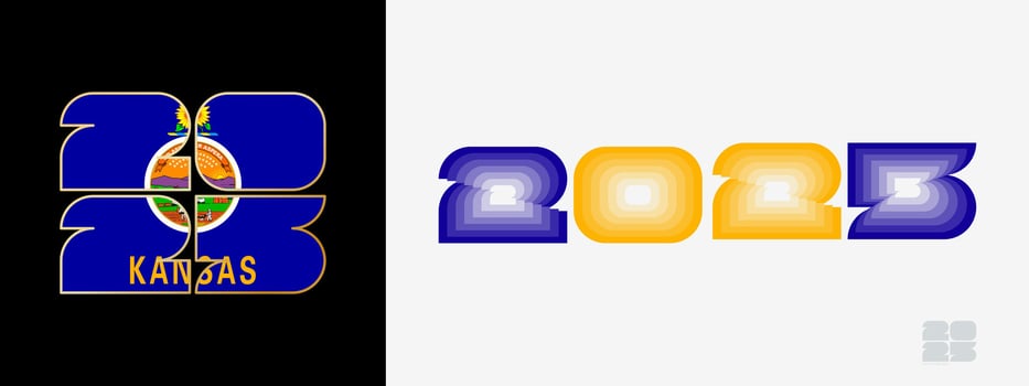Year 2025 with flag of Kansas and in color palate of Kansas flag. Happy New Year 2025 in two different style. vector