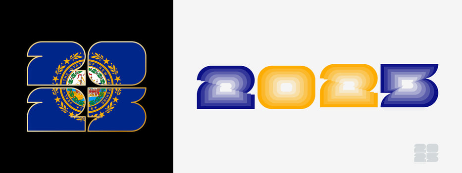 Year 2025 with flag of New Hampshire and in color palate of New Hampshire flag. Happy New Year 2025 in two different style. vector
