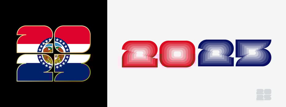Year 2025 with flag of Missouri and in color palate of Missouri flag. Happy New Year 2025 in two different style. vector