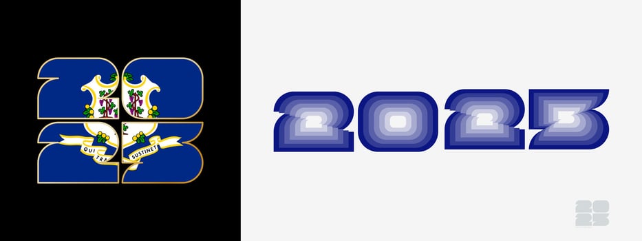 Year 2025 with flag of Connecticut and in color palate of Connecticut flag. Happy New Year 2025 in two different style. vector