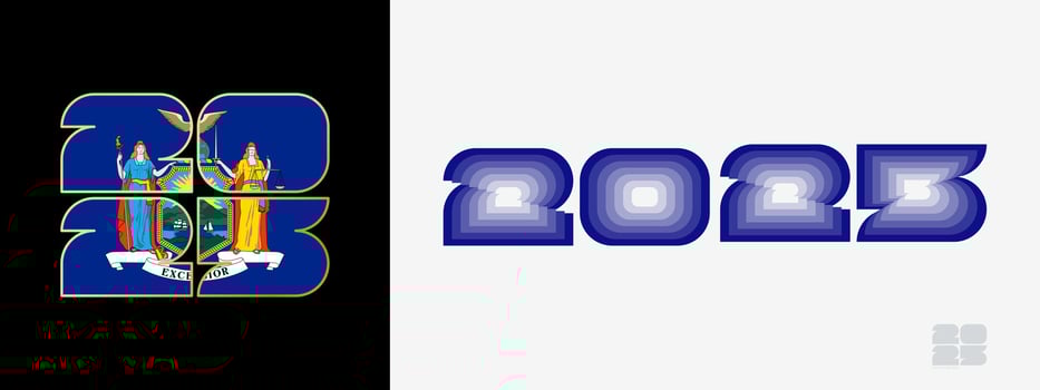 Year 2025 with flag of New York and in color palate of New York flag. Happy New Year 2025 in two different style. vector