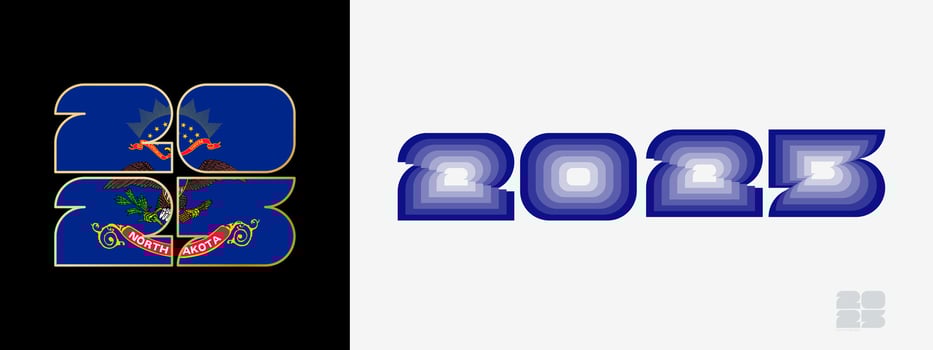 Year 2025 with flag of North Dakota and in color palate of North Dakota flag. Happy New Year 2025 in two different style. vector