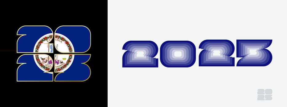 Year 2025 with flag of Virginia and in color palate of Virginia flag. Happy New Year 2025 in two different style. vector