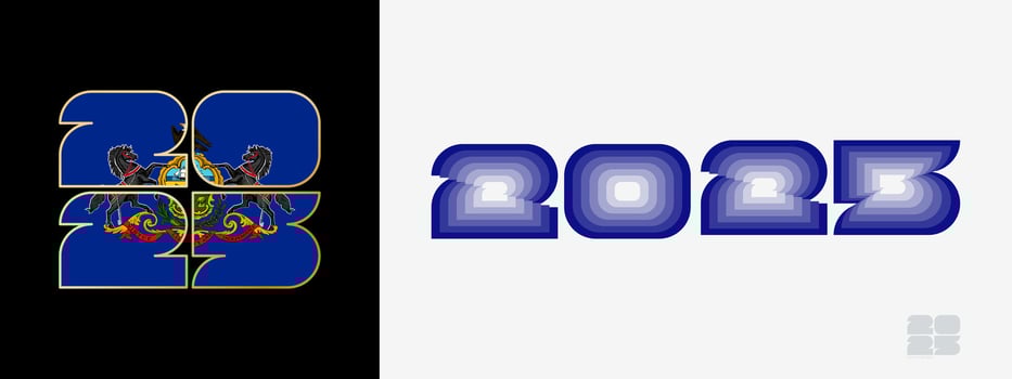 Year 2025 with flag of Pennsylvania and in color palate of Pennsylvania flag. Happy New Year 2025 in two different style. vector