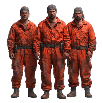 Three Men in Orange Overalls Standing Together on Transparent Background png
