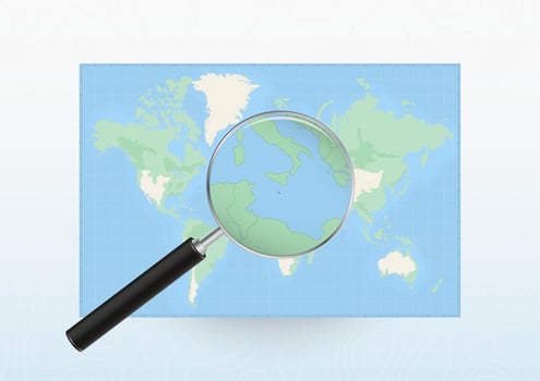 Map of the World with a magnifying glass aimed at Malta, searching Malta with loupe. vector