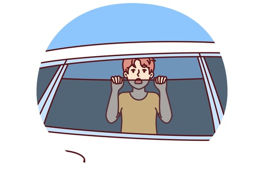 Boy locked in car is trying to get out and beg for help being in danger due to recklessness parents vector