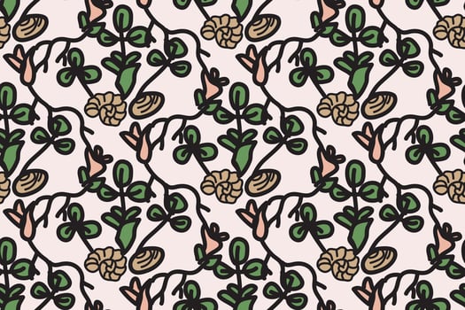 Abstract floral botanical seamless pattern illustration.Trendy artistic plants on beige background. Graphic design for fashion textile cover wrapping pack wedding invitation greeting card flyer vector