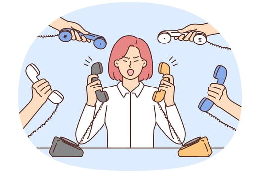 Furious businesswoman irritated with numerous calls vector