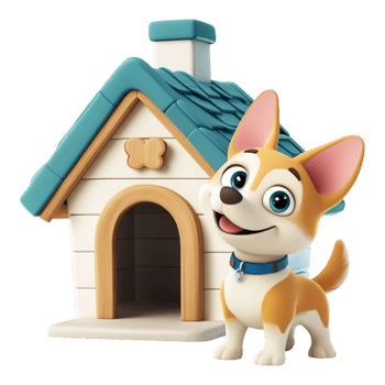 A cartoon dog standing in front of a dog house png
