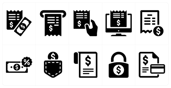 A set of 10 finance and money icons as cash receipt, receipt, online receipt vector
